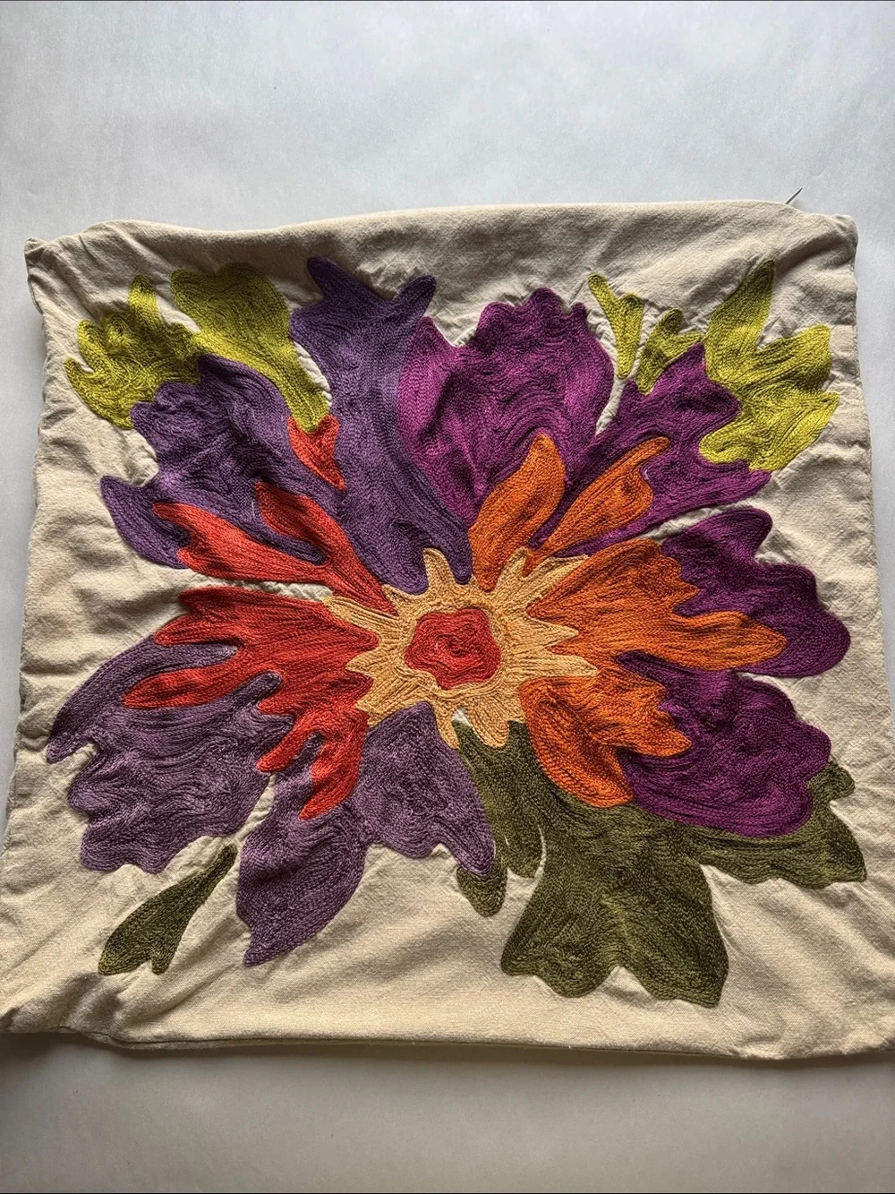 Crate & Barrel Floral Embroidered Josie pillow Cotton Embroidery Bohemian hippie